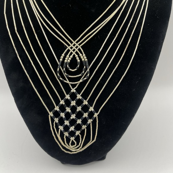 Pair Strand Liquid Silver Bib Necklaces Stamp Sterling Black Beads (Onyx?) 21g - Picture 2 of 16